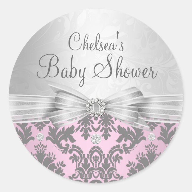 Pink & Silver Damask Baby Shower Sticker (Front)