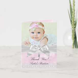 Pink Silver Damask Bow Baptism Thank You Card