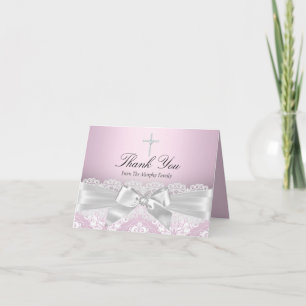 Pink Silver Damask & Bow Baptism Thank You Card