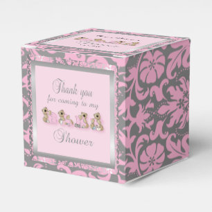 Pink & Silver Damask Teddy Bears   Baby Shower Favor Box