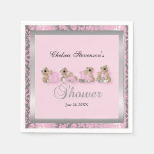 Pink & Silver Damask Teddy Bears   Baby Shower Napkin