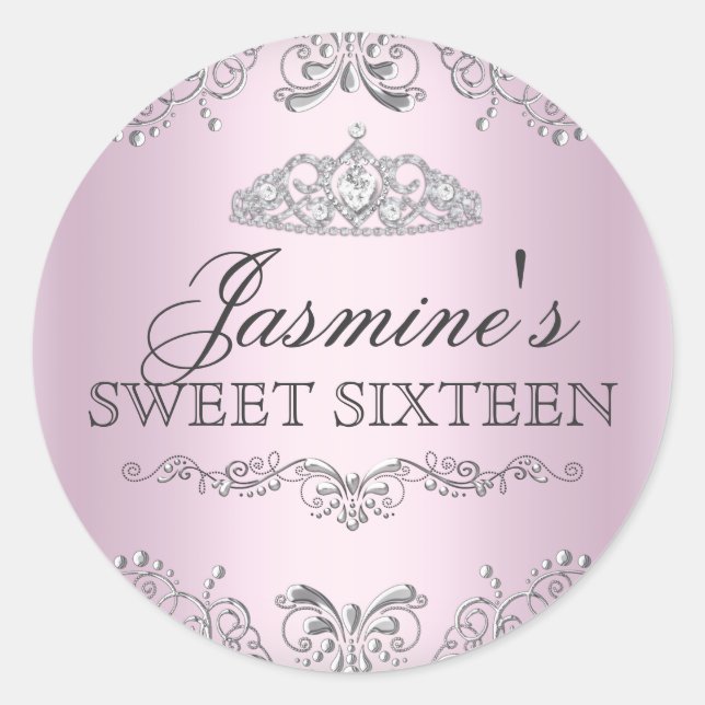 Pink Silver Damask Tiara Sweet 16 Sticker (Front)