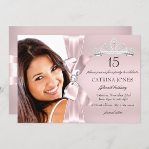 Pink Silver Diamond Bow & Tiara Quinceanera Invite