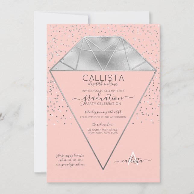 Pink Silver Diamond Confetti Glitter Graduation Invitation (Front)