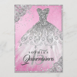 Pink Silver Diamond Lace Sparkle Gown Quinceanera Invitation