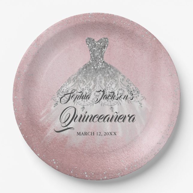Pink Silver Diamond Sparkle Gown Quinceanera Paper Plate (Front)