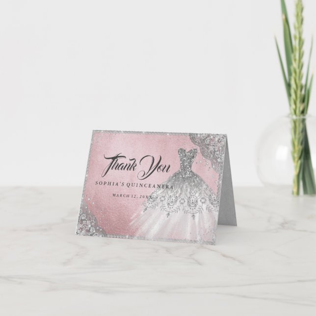 Pink Silver Diamond Sparkle Gown Quinceanera Thank You Card (Front)