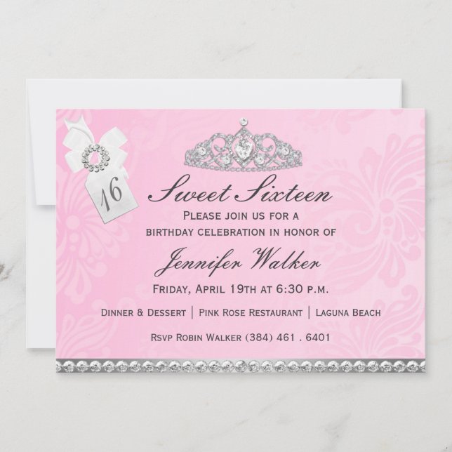 Pink & Silver Diamond Tiara Sweet Sixteen Invite (Front)