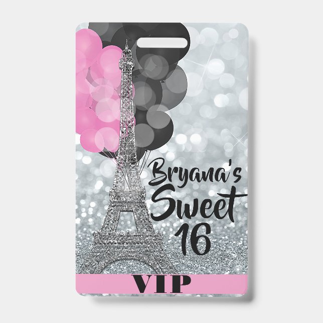 Pink Silver Eiffel Tower Balloons VIP Pass Badge (Front)