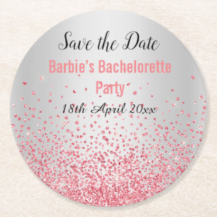 PINK SILVER ELEGANT SAVE THE DATE  Bachelorette Round Paper Coaster