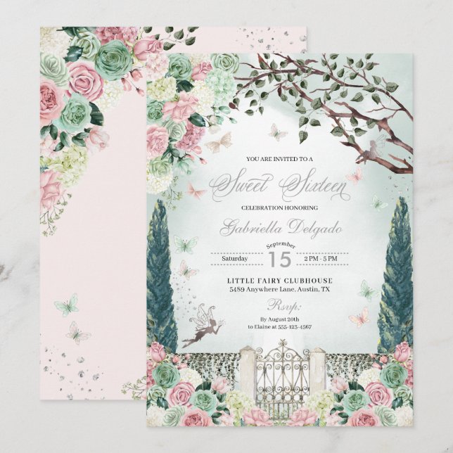 Pink Silver Fairy Enchanted Garden Sweet 16 Invitation (Front/Back)