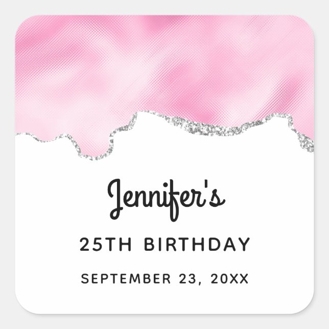 Pink & Silver Faux Glitter Border Stylish Birthday Square Sticker (Front)