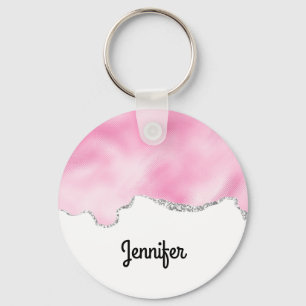 Pink & Silver Faux Glitter Border Stylish Keychain