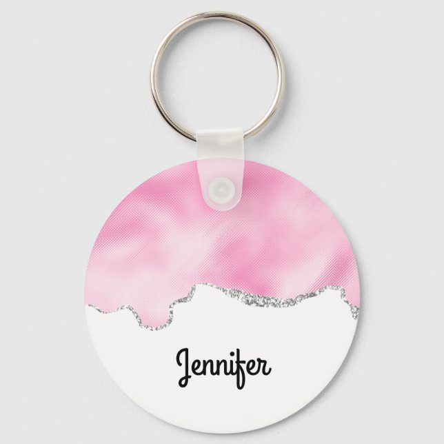 Pink & Silver Faux Glitter Border Stylish Keychain (Front)