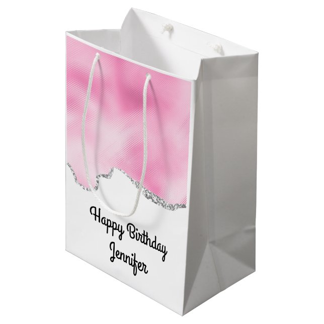 Pink & Silver Faux Glitter Border Stylish Medium Gift Bag (Front Angled)