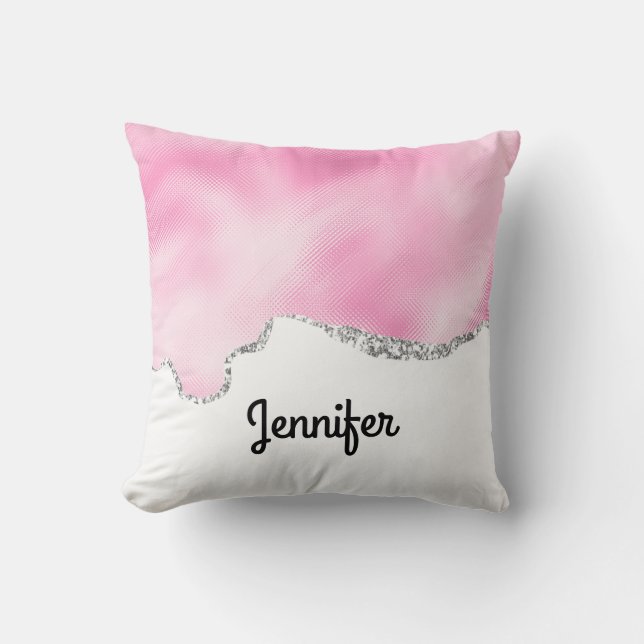 Pink & Silver Faux Glitter Border Stylish Throw Pillow (Front)