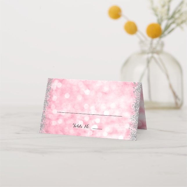 Pink Silver Faux Glitter Lights Folded Place Card (Front)
