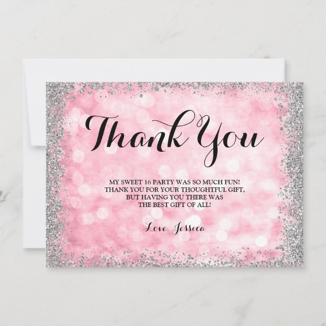 Pink Silver Faux Glitter Lights Sweet 16 Thank You Card (Front)