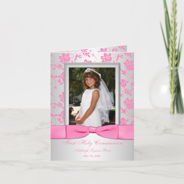 Pink Silver First Communion Photo Thank You Card (Front)