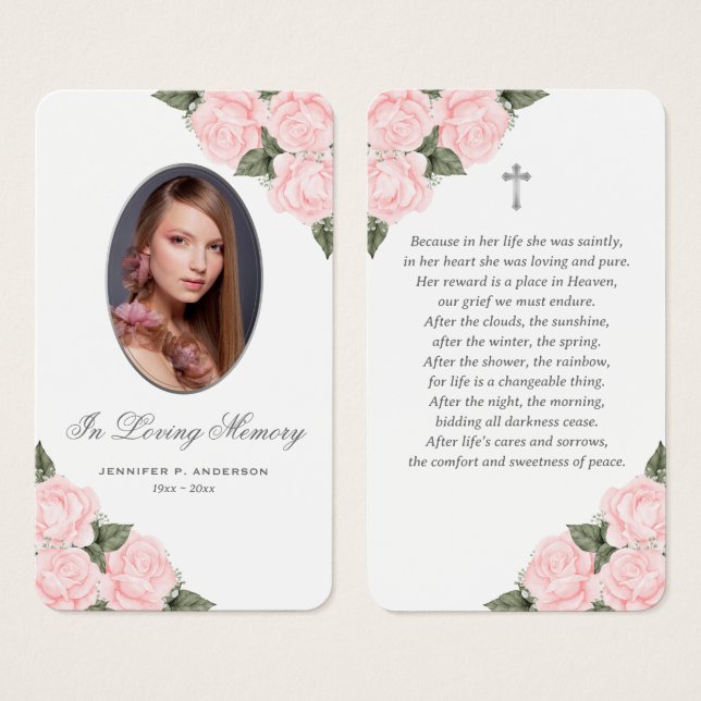 Pink Silver Floral Memorial Funeral Prayer Card (Front & Back)