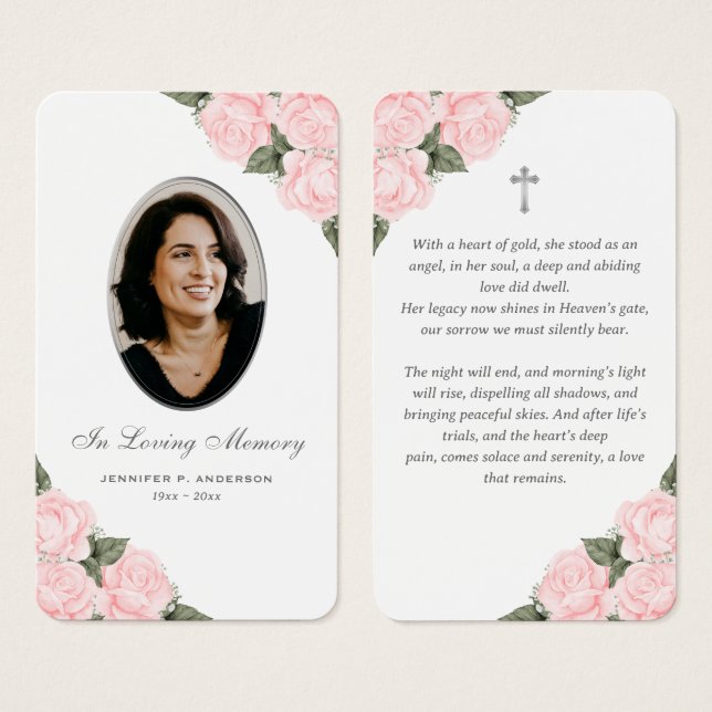 Pink Silver Floral Memorial Prayer Card (Front & Back)