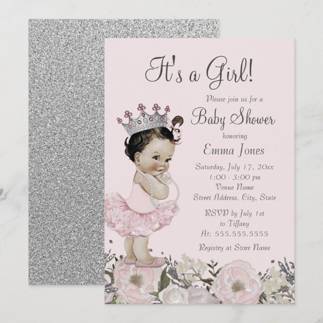 Pink Silver Floral Princess Baby Shower Invitation (Front/Back)