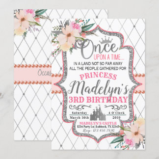 Pink Silver Floral Princess Birthday Invitation