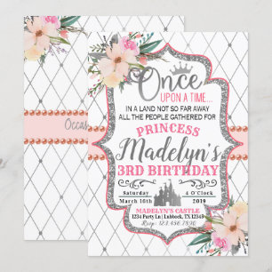 Pink Silver Floral Princess Invitation Anniversair