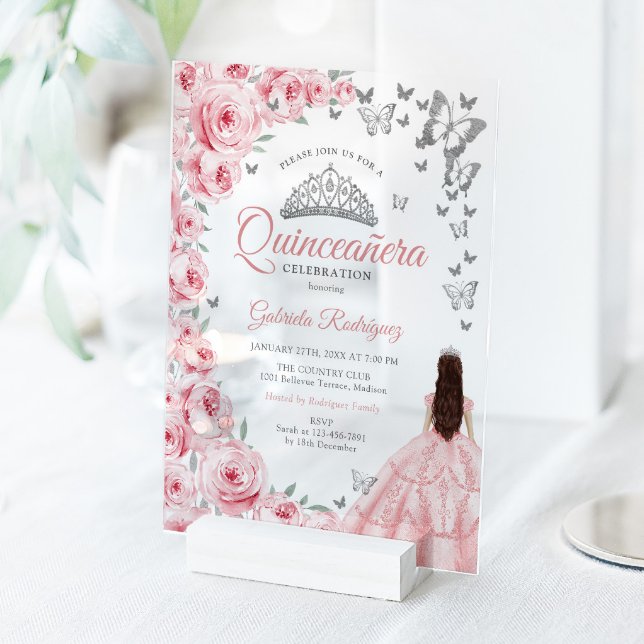Pink Silver Floral Quinceanera Acrylic Invitations (Creator Uploaded)