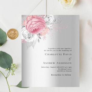 Pink silver florals budget wedding invitation