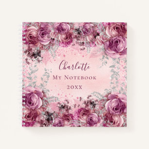 Pink silver flowers name script elegant notebook