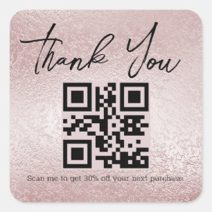 pink silver foil thank you business qr code square sticker