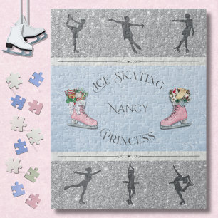 Pink Silver Girls Ice Skating Princess Jigsaw Puzzle