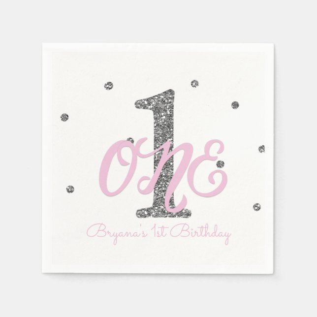 Pink & Silver Girls ONE 1st Birthday Party Napkin (Front)