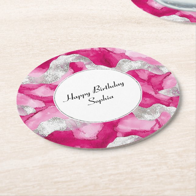 Pink Silver Glam Abstract Birthday Round Paper Coaster (Angled)