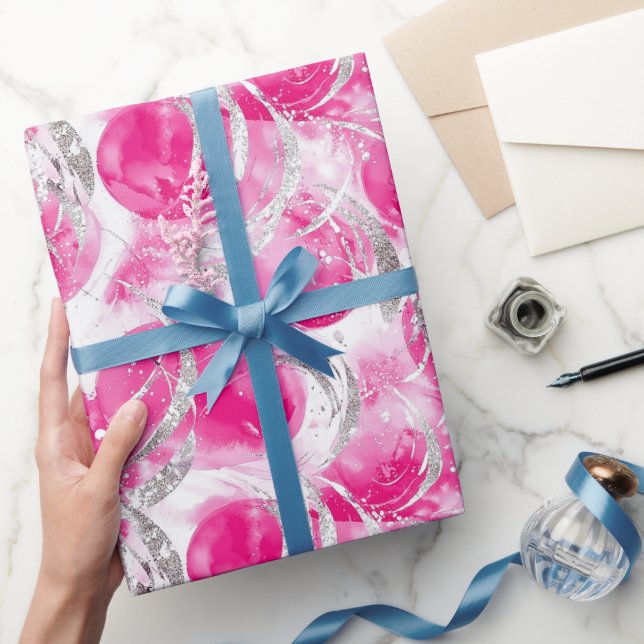 Pink Silver Glam Abstract Circles Birthday Wrapping Paper (Gifting)