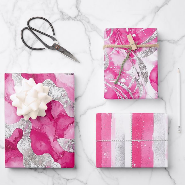 Pink Silver Glam Abstract Stripes Birthday Wrapping Paper Sheet (Front)