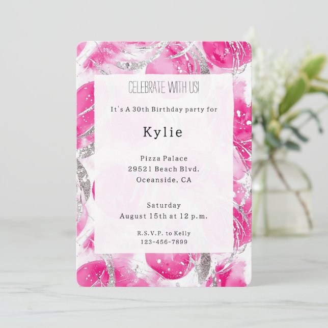Pink Silver Glam Circles Birthday   Invitation (Standing Front)