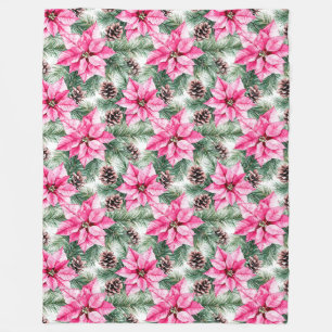 Pink Silver Glam Poinsettia Flowers Christmas Fleece Blanket