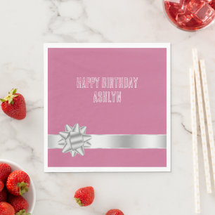 Pink Silver Glam Ribbon Bow Birthday Napkin