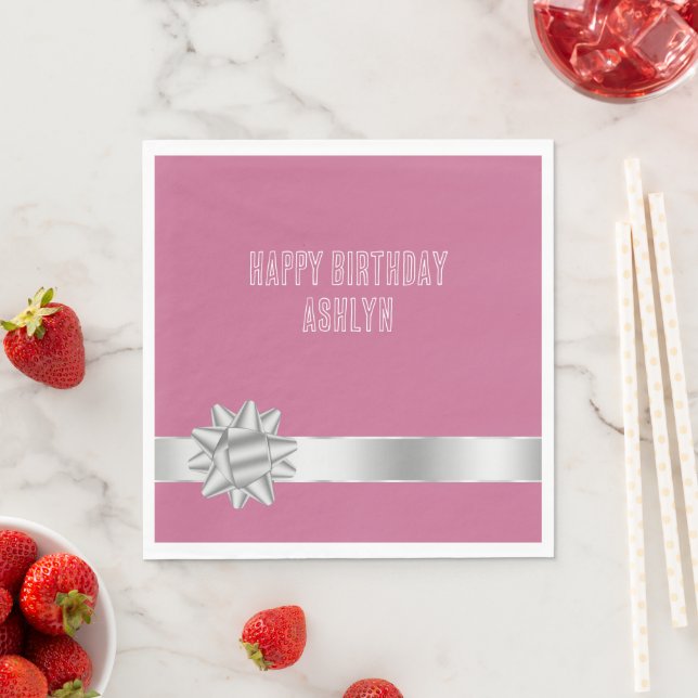 Pink Silver Glam Ribbon Bow Birthday Napkin (Insitu)