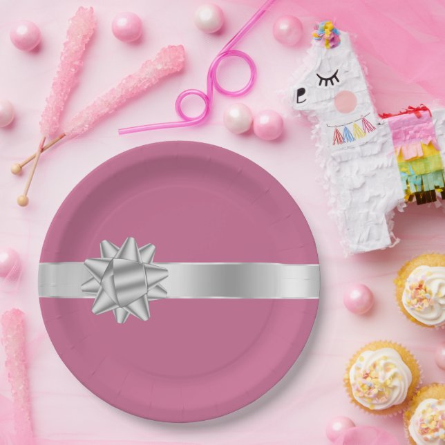 Pink Silver Glam Ribbon Bow Birthday Paper Plate (Party)