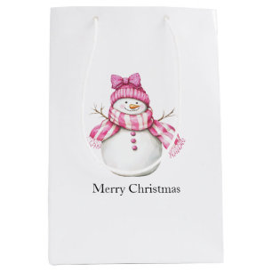 Pink Silver Glam Snowflakes Christmas Snowman Medium Gift Bag