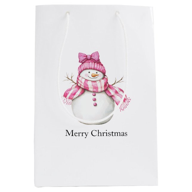 Pink Silver Glam Snowflakes Christmas Snowman Medium Gift Bag (Front)