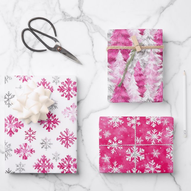 Pink Silver Glam Snowflakes Christmas Trees Wrapping Paper Sheet (Front)