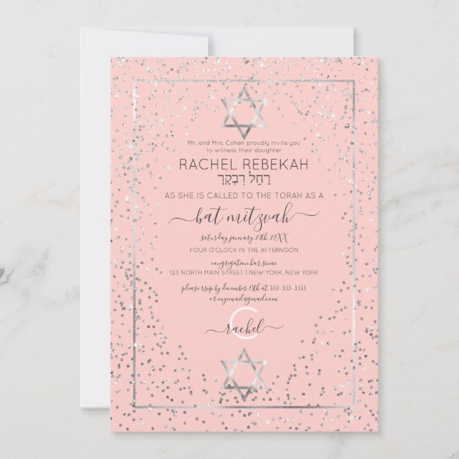 Pink Silver Glitter Confetti Border Bat Mitzvah Invitation (Front)
