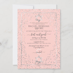 Pink Silver Glitter Confetti Border Bat Mitzvah Invitation