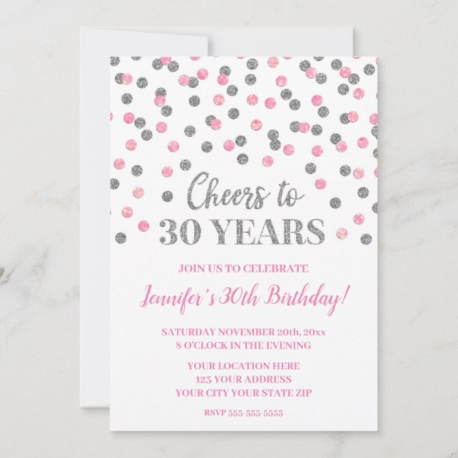 Pink Silver Glitter Confetti Cheers to 30 Years Invitation (Back)