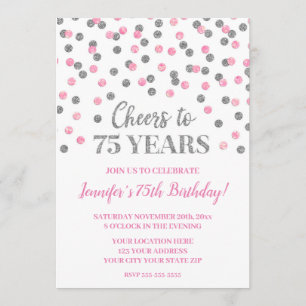 Pink Silver Glitter Confetti Cheers to 75 Years Invitation