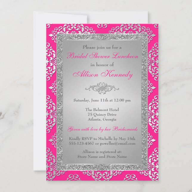 Pink, Silver Glitter Damask Bridal Shower Invite (Front)